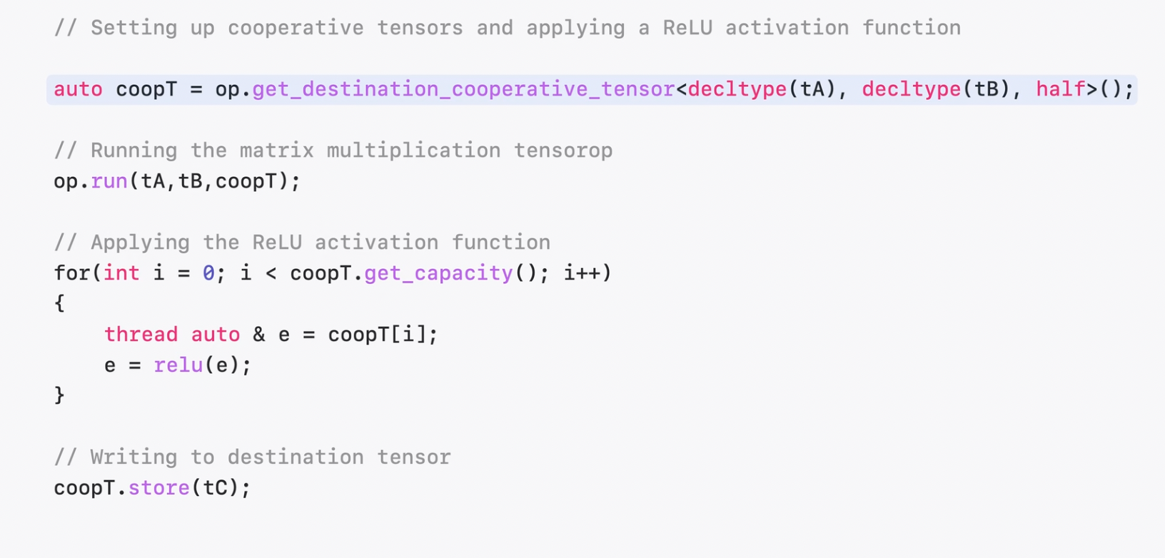 Metal code showing how to create and consume a cooperative tensor.